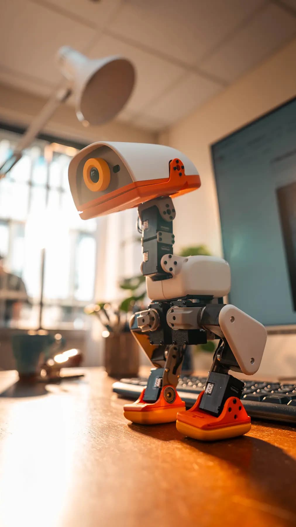 Pollen Robotics 官方 Microduck 产品实拍:一台白橙配色的双足机器鸭站在工作台上